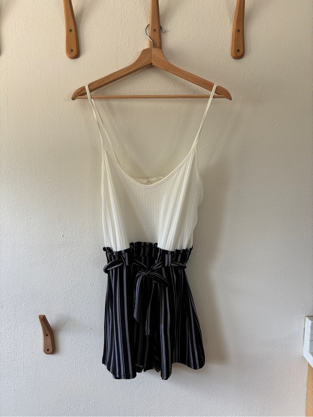 White Ribbed Cami Top & Black Pinstripe Paperbag Romper